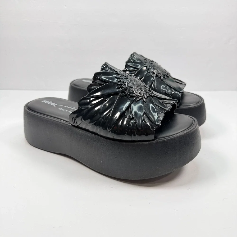 Melissa Womens 7 Isabela Capeto Becky Black Floral Platform Mules Slide Sandals